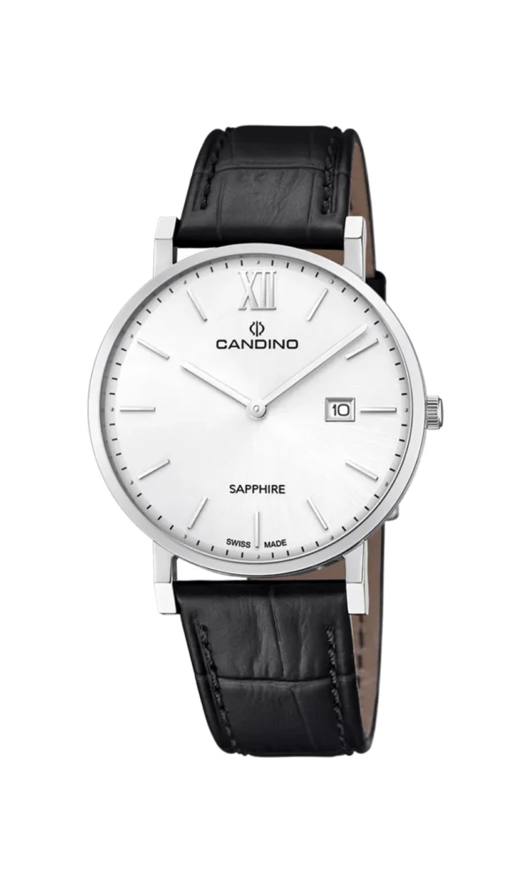 Candino ur, klassisk design med sort læderrem og sølv-hvid urskive